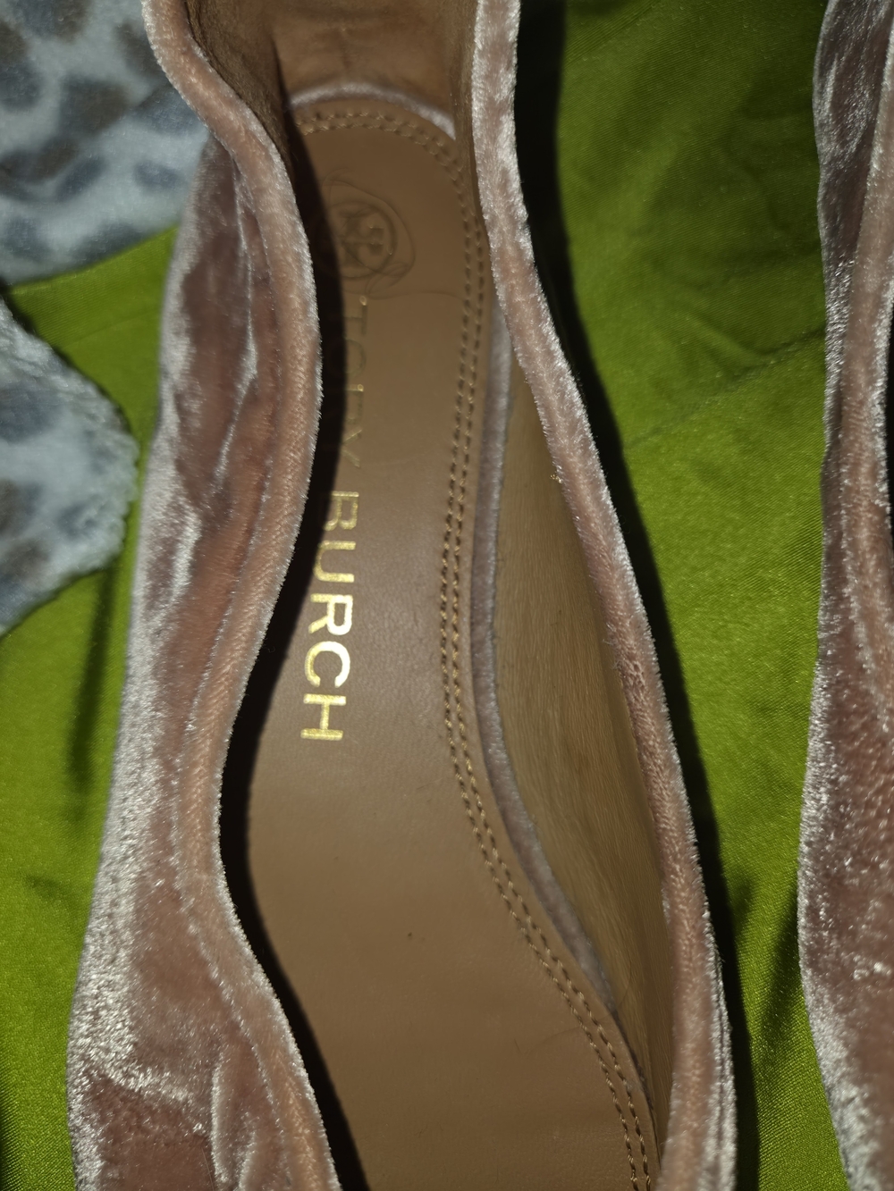 Tory Burch Blush Velvet Flats with Black Glitter Logo - Picture 4 of 5